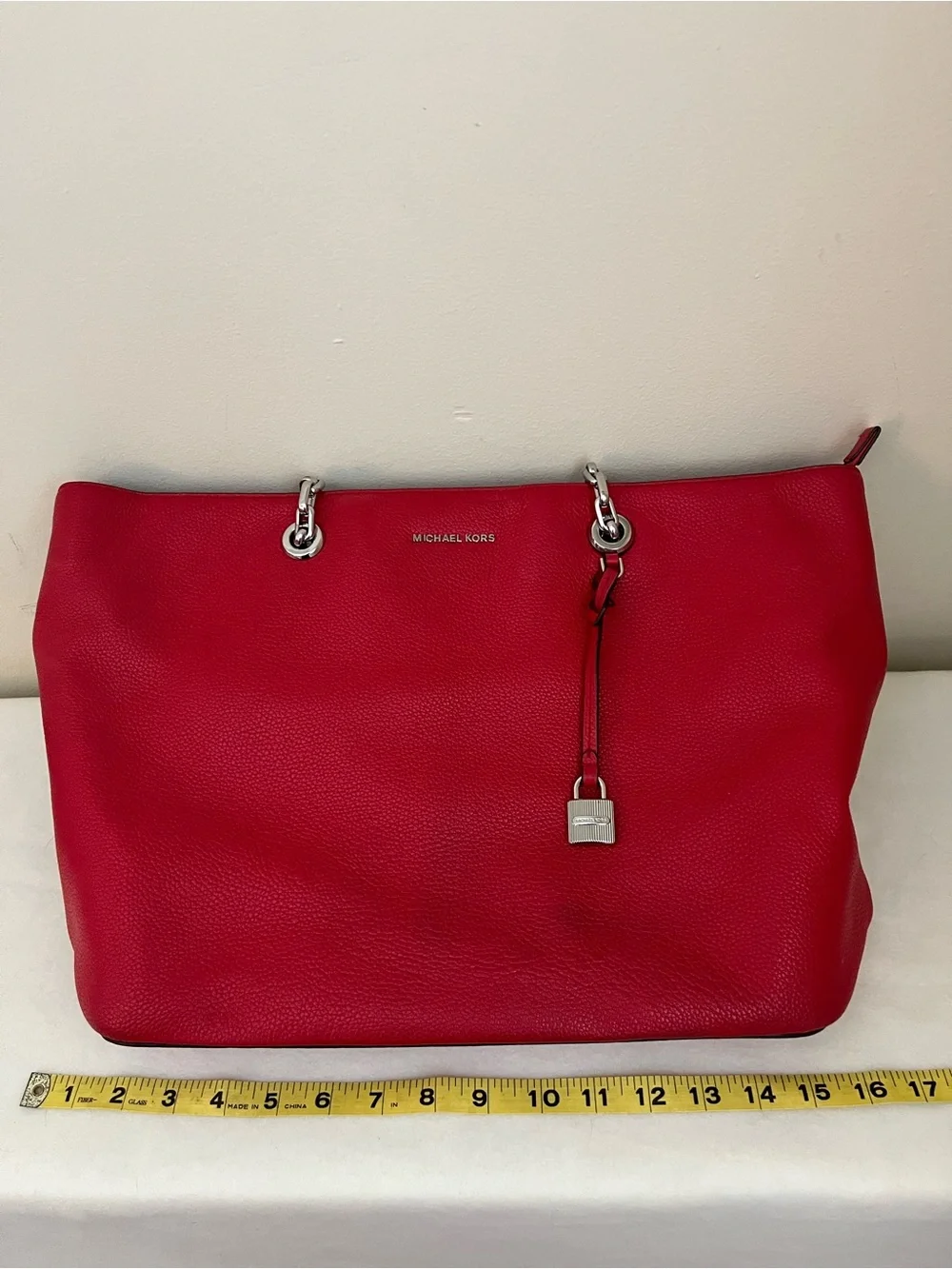 Michael Kors Pebbled Red Leather Tote/Laptop Bag with Silver Hardware